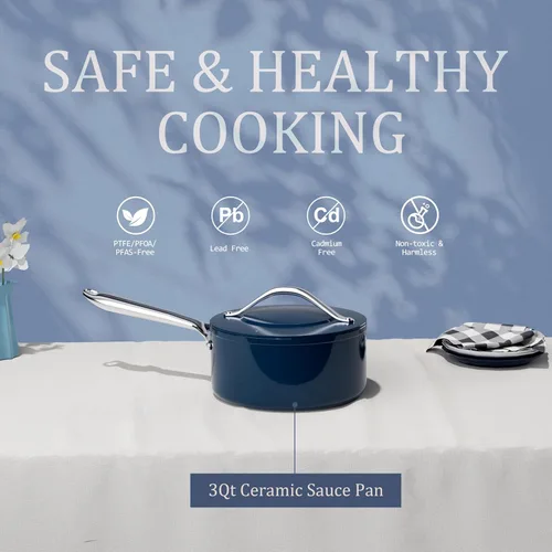 Miniatura 2 de CookinCraze Cacerola de cerámica antiadherente de 3.5QT con tapa, olla de sopa de 8 pulgadas, distribución uniforme del calor, olla de cocina Azul