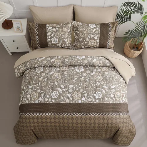 Miniatura 3 de WONGS BEDDING Juego de edredón marrón tamaño Queen, juego de 7 piezas en una bolsa con diseño de patchwork floral, juego de sábanas Queen
