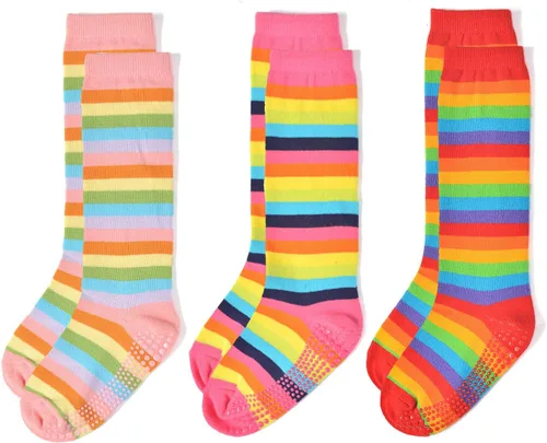 Miniatura 28 de EPEIUS Calcetines altos hasta la rodilla con rayas de arco iris para bebé, calcetines de tubo antideslizantes para uniforme de fútbol para niños