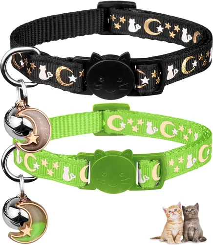 Miniatura 18 de Baeuppit 2 piezas de collares de gato separables con campana, lunas, estrellas, lindos collares ajustables para gatitos con colgante que brillan