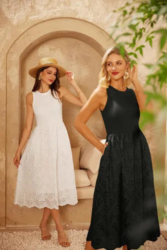 Miniatura 4 de GRACE KARIN Vestido de verano sin mangas para mujer, acampanado, de algodón, cuello redondo, casual, con bolsillos