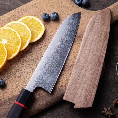 Miniatura 3 de Cuchillo Santoku de cocina, acero de damasco, cuchillo de cocina japonés, mango de madera octogonal hecho a mano, funda de madera y caja de regalo
