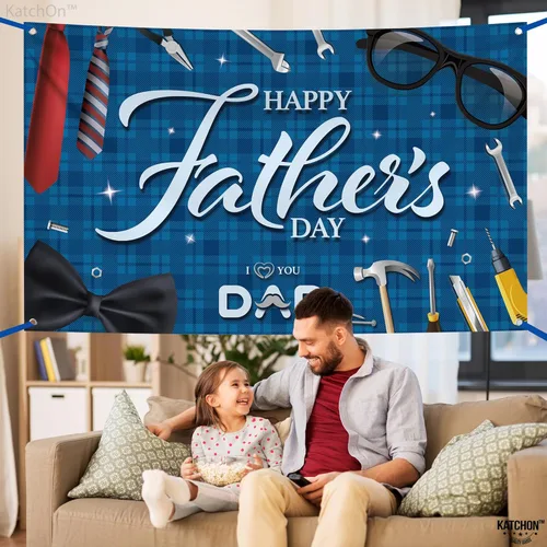 Miniatura 9 de KatchOn, Pancarta azul con texto en inglés «Happy Father's Day», extragrande, 72 x 44 pulgadas, decoración azul del día del padre para fiesta, telón