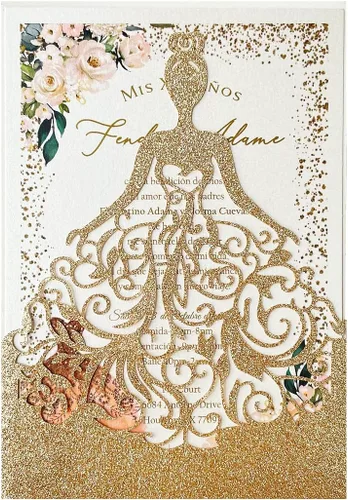 Miniatura 10 de 5.12 x 7.28 pulgadas, kit de 50 invitaciones de quinceañera con purpurina morada, cortadas con láser, huecas, de niña princesa, invitaciones