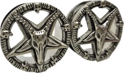 Miniatura 2 de Pierced Republic Baphomet - Tapones para los oídos con pentagrama, de acero inoxidable, 8 tamaños, par - nuevo