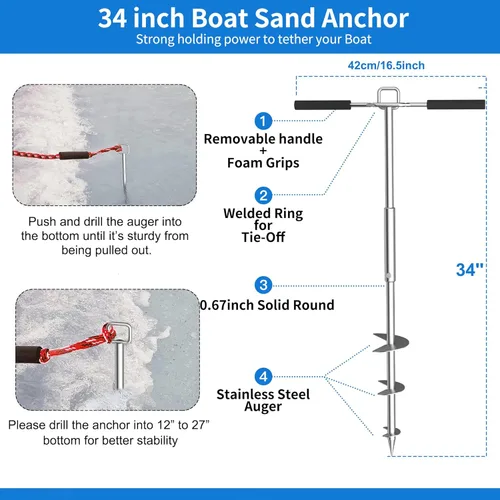 Miniatura 2 de Anclaje de arena para barco, 34 pulgadas/46 pulgadas, anclajes de arena PWC de acero inoxidable 316, ideales para pontón, kayak jet ski se mantiene