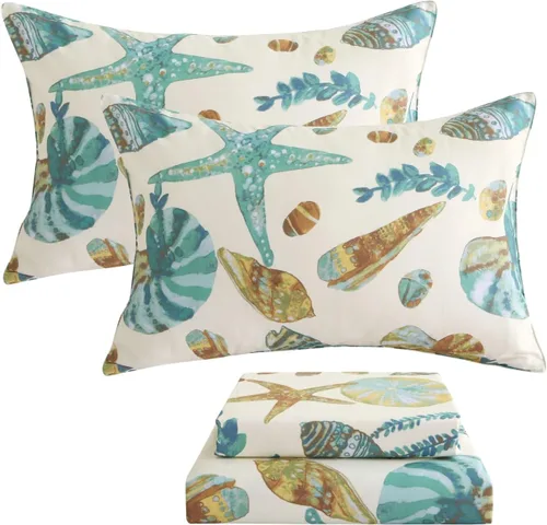 ABREEZE Juego de sábanas de 4 piezas con temática de playa, 100% algodón, ropa de cama costera súper suave, color blanco, verde azulado, conchas