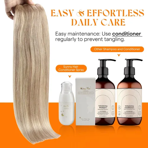 Miniatura 8 de Sunny Hair Extensiones de cabello humano con reflejos, cosidas en rubio ceniza, mezcla de rubio decolorado, doble trama, cabeza completa, cortas
