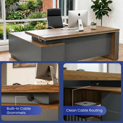 Miniatura 5 de OfficeSimpli - Escritorio ejecutivo en forma de L con cajones, 64 x 63 x 30 pulgadas, fabricado en Estados Unidos, envío mayormente ensamblado