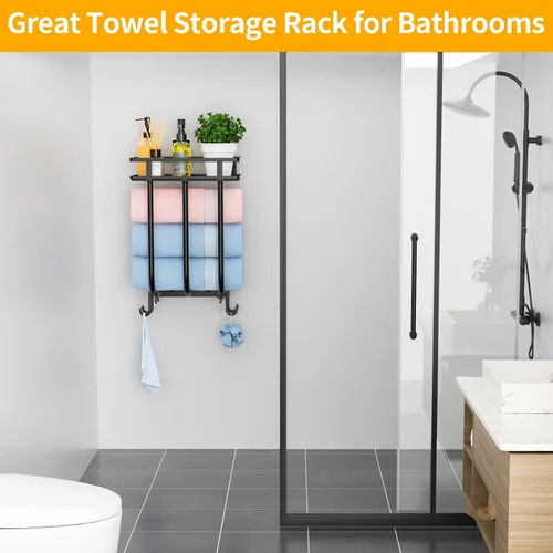 Miniatura 9 de Toalleros para baño, toallero montado en la pared con estante de metal y 4 ganchos para colgar, estante de toallas para baño pequeño, puede contener