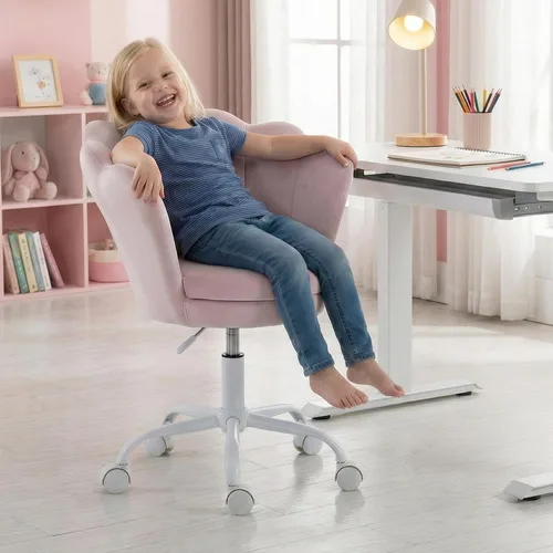 Miniatura 10 de Silla de escritorio de terciopelo para niños, silla ergonómica ajustable para computadora con ruedas, bonita silla tapizada, sillas giratorias