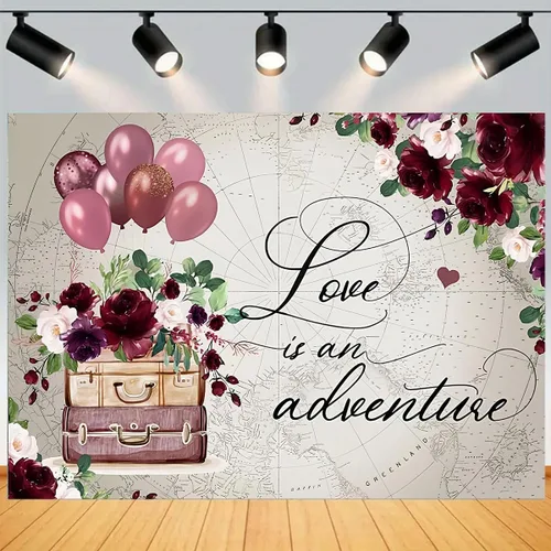 Telón de fondo de despedida de soltera de viaje para fotografía, Love is Adventure Around The World, fondo de boda, maletas florales rojas vintage,