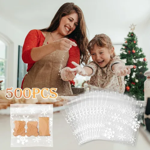 Miniatura 6 de Yinder 500 bolsas de invierno para galletas de invierno, bolsa de celofán con copos de nieve, bolsa de dulces autoadhesiva para suministros de Blanco