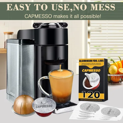Miniatura 7 de CAPMESSO Tapas de papel de aluminio para cápsulas reutilizables de Nespresso Vertuolina, cubiertas adhesivas para cápsulas de café, sellos