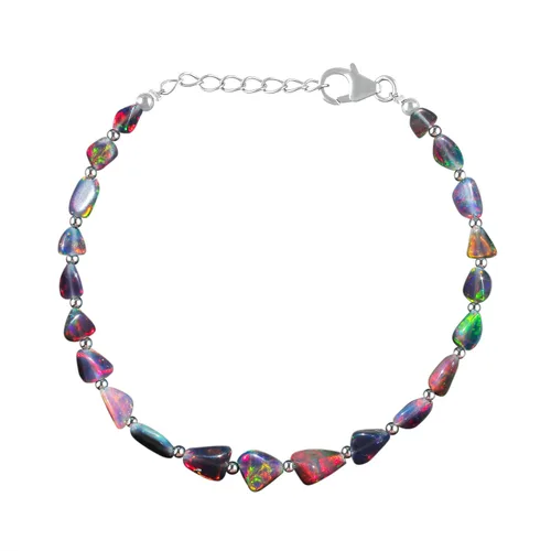 Cuentas de piedra de ópalo de fuego etíope negro con pulsera de bola de plata para mujer, cristal curativo, joyería de piedra natal hecha a mano,