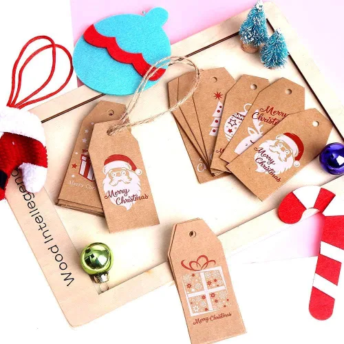 100 PCS etiquetas de regalo de papel kraft navideñas, etiquetas de papel kraft marrón navideñas preperforadas con agujeros, etiquetas colgantes con