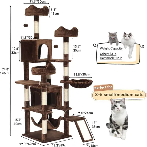 Miniatura 3 de YITAHOME Árbol para gatos de 75 pulgadas de alto para interior: torre multinivel para gatitos con condominios para gatos, perchas superiores, rampa