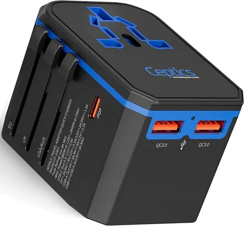 Ceptics Adaptador de corriente internacional, adaptador de viaje mundial con PD 30W USB-C - 2 puertos USB-A adaptador universal, salida tipo A C G I