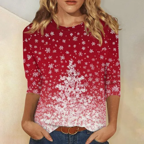 Miniatura 89 de Camisetas de manga 3/4 para mujer, cuello redondo, holgadas, casuales, con estampado floral, camisetas de moda para el trabajo de negocios