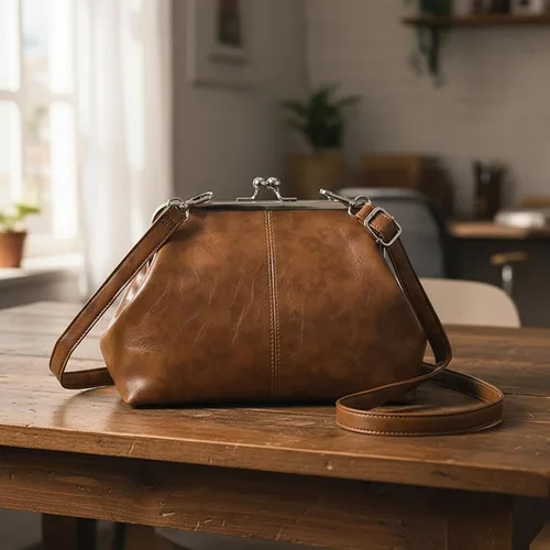 Miniatura 2 de Kiss Lock - Bolso cruzado vintage para mujer, de piel sintética retro, bolso de mano de noche, bolso grande marrón para otoño e invierno