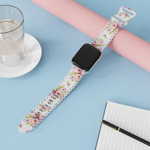 Miniatura 4 de Compatible con Apple Watch Banda de 41mm 40mm 38mm 49mm 45mm 44mm 42mm para Mujeres, Detalles de Rosa Floral Impresos en Encaje Hueco de Silicona