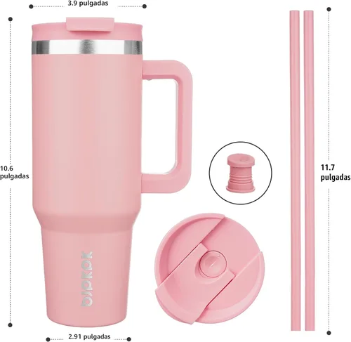 Miniatura 3 de BJPKPK - Vasos con aislamiento térmico, con asa y pajilla, vasos térmicos de acero inoxidable de 40 onzas con tapa, color rosado claro Rosa claro