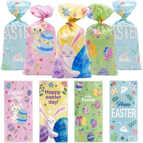Jexila 160 bolsas de celofán de Pascua con lazos, bolsa de golosinas de conejo de Pascua para niños, bolsas de plástico para dulces