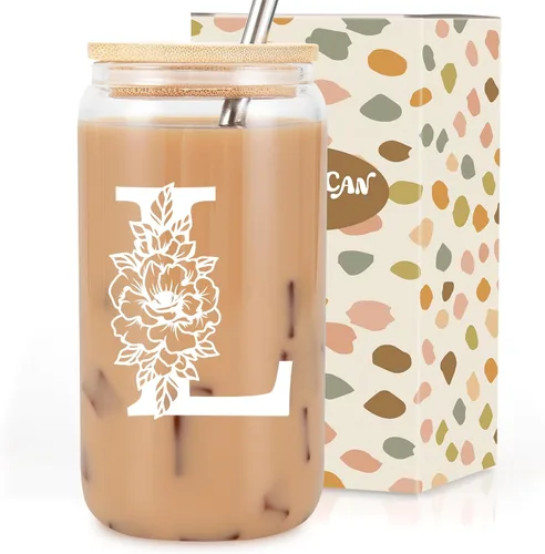Taza de Vidrio Inicial Coolife, Regalos Personalizados para Mujeres, Tazas de Vidrio de 16 oz con Tapas y Popotes, Vaso para Café Helado, Licuado y