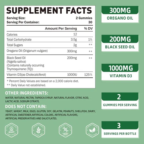 Miniatura 8 de Gomitas de aceite de orégano de 300 mg con 200 mg de aceite de semilla negra + D3 1000 UI, aceite orgánico de suplementos masticables de orégano