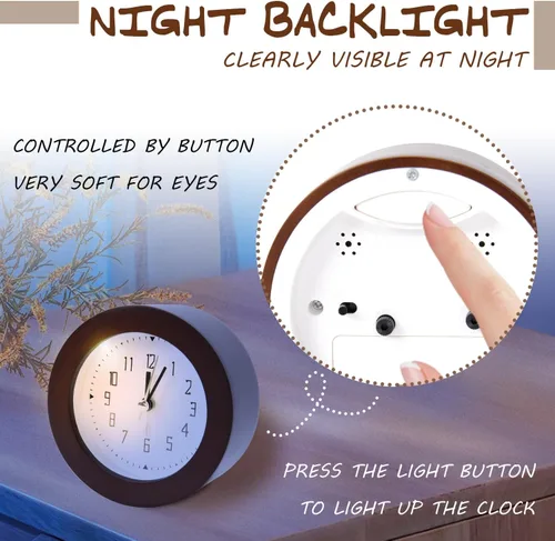 Miniatura 4 de Reloj despertador analógico de madera, silencioso y sin tictac, funciona con pilas, reloj de mesa con luz nocturna para dormitorio, habitación