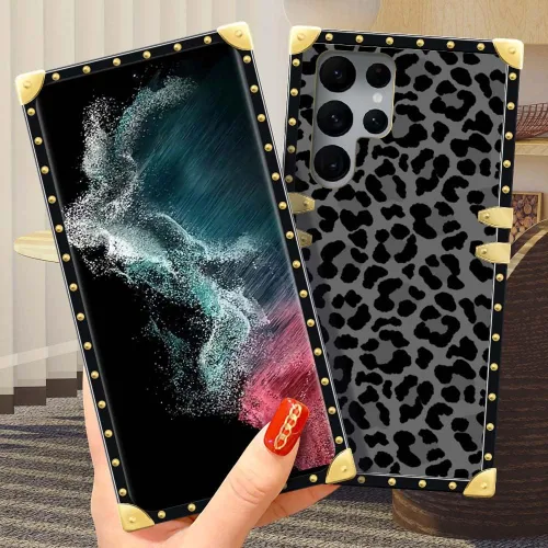 Miniatura 4 de DAIZAG Compatible con Samsung Galaxy S22 Ultra, B Funda de leopardo negro de lujo elegante para mujeres y niñas, decoración de metal, esquina