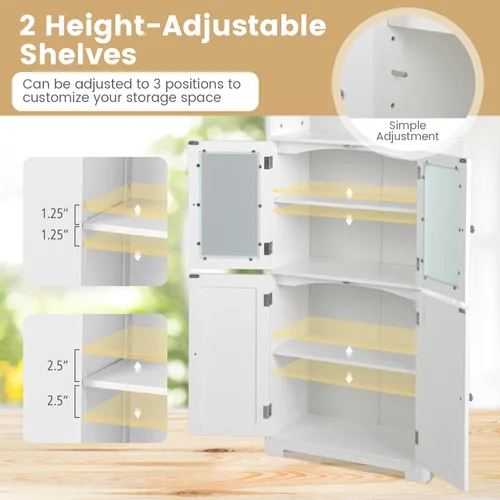 Miniatura 5 de COSTWAY Armario alto de almacenamiento para baño, armario de despensa de cocina independiente con puertas de vidrio y estante ajustable, gabinete