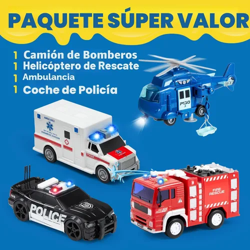 Miniatura 3 de JOYIN 4 paquetes de juguetes de vehículos de emergencia, vehículos accionados por fricción con luz y sonido, incluyendo camión de bomberos