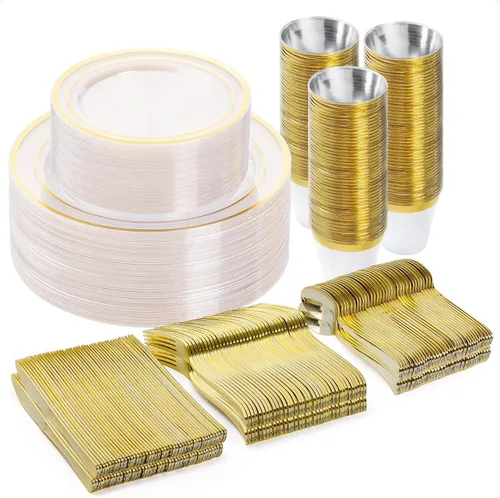 Miniatura 19 de BESTVIP Juego de vajilla de 300 piezas de oro negro para 50 invitados, platos de plástico para fiesta de Halloween y Navidad, 50 platos desechables