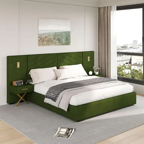Miniatura 9 de DEINPPA Base de cama Queen de lujo con luces LED doradas integradas y mesitas de noche, cama de plataforma tamaño Queen con cabecera tapizada