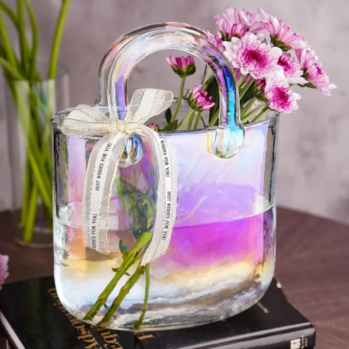 Miniatura 9 de NiHome Florero de cristal transparente con asa para flores, decoración de casa de campo, hecho a mano, jarrón de cristal de boca ancha para oficina