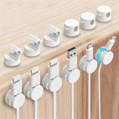 Miniatura 10 de OneLeaf Paquete de 12 clips de cable de resorte giratorios de 360° [1s bloqueo], soporte de cable adhesivo para mesita de noche, soporte de cable
