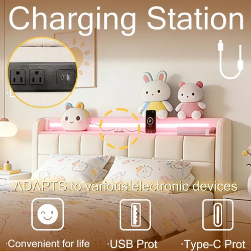 Miniatura 5 de Juego Base de cama Full 3 en 1 con luz LED RGB, enchufe y estación de carga USB y tipo C, 4 cajones, listones de madera, cama tapizada, sin ruido