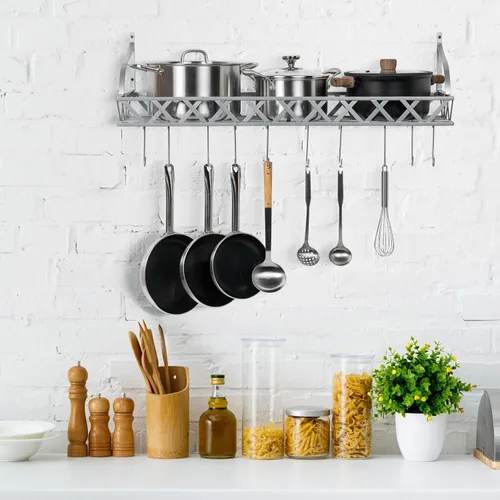 Miniatura 6 de MyGift Estante para ollas y sartenes de cocina de metal plateado montado en la pared con 12 ganchos en S extraíbles, almacenamiento de utensilios