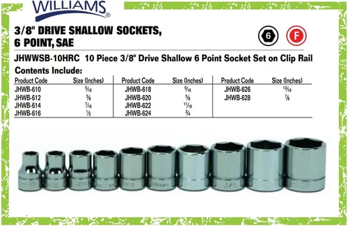 Miniatura 4 de Williams WSB-10HRC - Juego de llaves de vaso de 6 puntos de 10 piezas, 3/8 pulgadas
