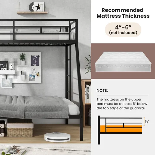 Miniatura 5 de KOMFOTT Litera de metal individual sobre cama matrimonial, marco de cama resistente con escalera integrada, barandillas de longitud completa