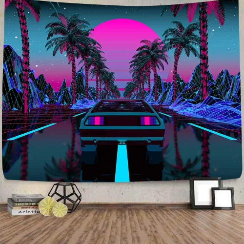 Miniatura 9 de Ine Ive Tapiz de coche de los años 80, escena urbana de la calle, palmeras, puesta de sol, cielo estrellado, tapiz de pared punk, 40 x 30 pulgadas