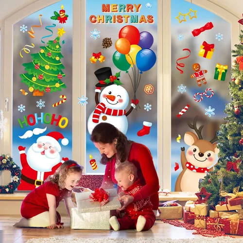 Miniatura 7 de Adhesivos de ventana de Navidad, 9 hojas de calcomanías de ventana de Navidad, Papá Noel, muñeco de nieve, reno, copo de nieve de Navidad
