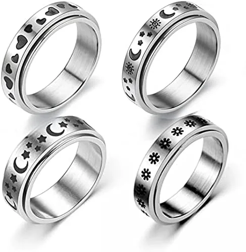 COLORFUL BLING Juego de 4 anillos giratorios de acero inoxidable, hipoalergénicos, alivian el estrés, la luna, la estrella, el corazón, la arena, el