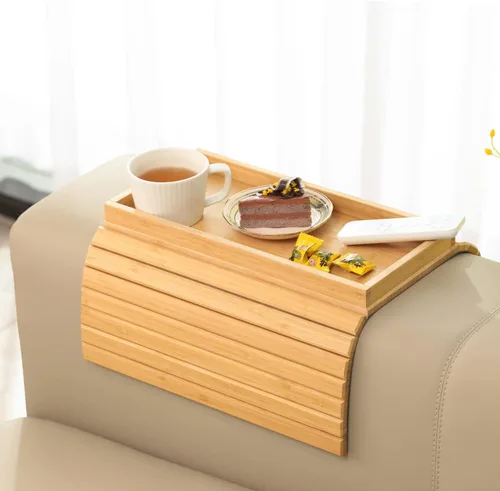 GEHE Bandeja de brazo de bambú para sofá, mesa auxiliar plegable para brazo de sofá, mesa auxiliar con reposabrazos anticaídas, soporte para tazas