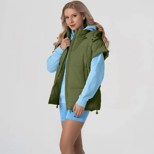 Miniatura 18 de Shiyifa Chaleco acolchado para mujer, chaqueta de gran tamaño, sin mangas, ligera, con cremallera, con capucha desmontable