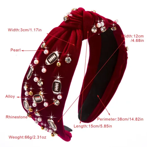Miniatura 4 de Diadema de moda de fútbol para mujer con perlas de fantasía en negro, rojo, naranja y azul con nudo para niñas, diadema ancha y bonita para el Día