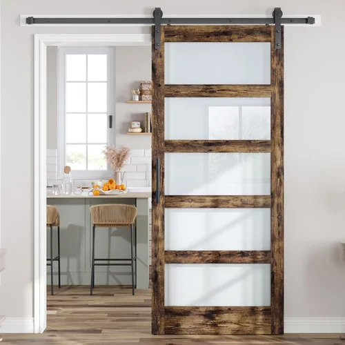 Miniatura 19 de Losa para puerta corrediza de granero de vidrio de 28 x 84 pulgadas y kit de herrajes de 5 pies incluido, 5 vidrios esmerilados, panel de madera LVL