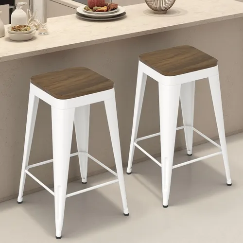 Miniatura 22 de Juego de 4 taburetes de bar de metal, taburetes de bar con respaldo alto con asiento de madera, taburetes de bar negros de 24 pulgadas para isla