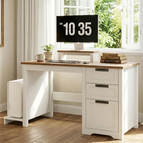 Escritorio para computadora de granja de 47.2 pulgadas con cajón de archivos ajustable, 3 cajones, escritorio ejecutivo reversible con soporte de